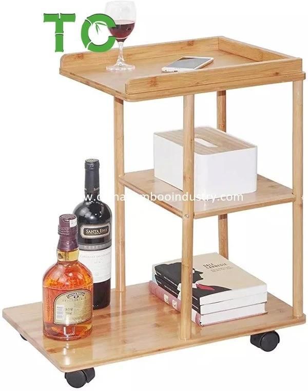 Bamboo Mobile Sofa Side Table C Shaped End Table with Storage Shelves, Snack Coffee Table