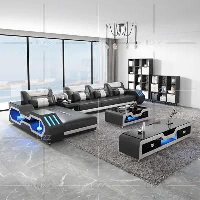 Factory Direct Sell Modern L Shape Sofa Set Conference Waiting Living Room Genuine Leather Couch Leisure Furniture with LED Lights