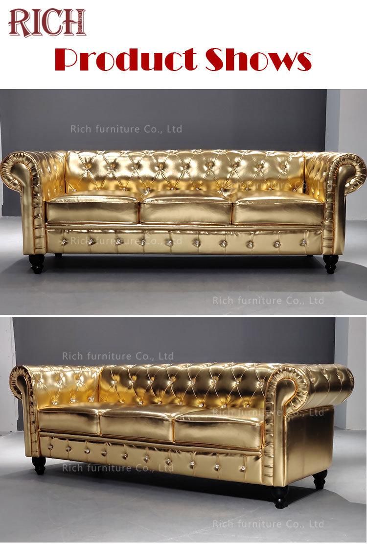 Luxury Gold PU Leather Chesterfield Sofa 3 Seats Disco Nightclub Project Chesterfield Couch Bar Hotel Furniture Golden Sofa