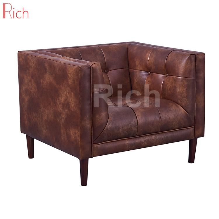 European Style Home Furniture Single Seat Soft Couch Living Room Brown Leather Wooden Sofa