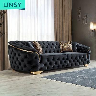 Linsy Living Room Furniture Black Velvet 3 4 Seat Fabric Chesterfield Sofa Rbj8K