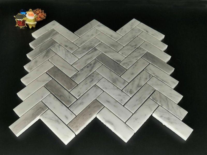 Carrara White Stone Mosaic, Herringbone, Dumb Face, Polished Surface, Used in The Kitchen, Sofa, TV Setting