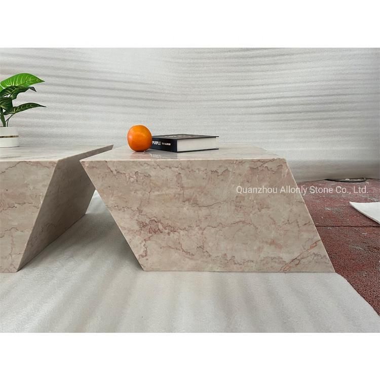 Diamond Shape Cream Pink Marble Stone Coffee Table for Living Room