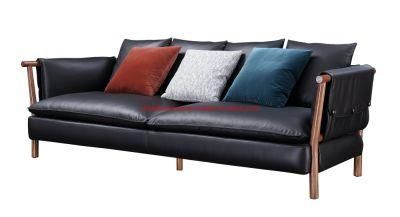 Hotel Italy Design Black Leather Sofa with Wooden Armrest