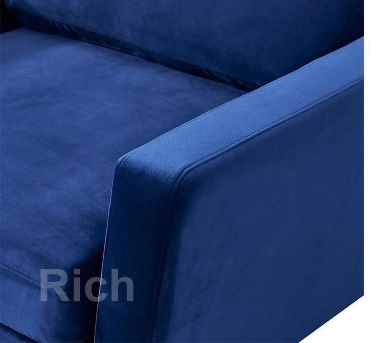 Home Wooden Couch Furniture Navy Blue Fabric Velvet Single Sofa
