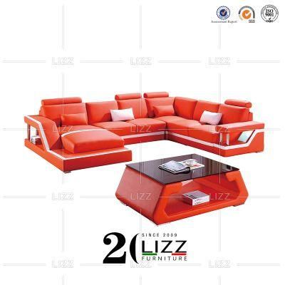 Modern European Simple Design U Shape Top Grain Luxury Leather Functional LED Sofa for Living Room