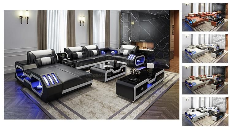 Chinese Furniture Apartment LED Light Genuine Leather Sofa Bed