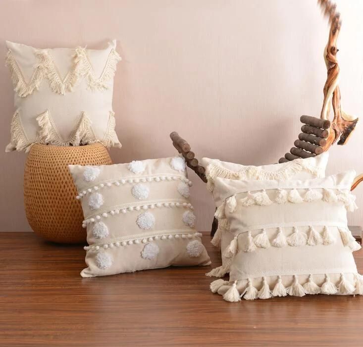 Cotton Linen Tassel Tufted Pillow Cushion Cover Waist Pillowcase for Living Room