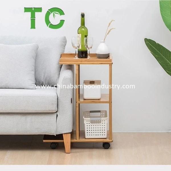 Bamboo Mobile Sofa Side Table C Shaped End Table with Storage Shelves, Snack Coffee Table