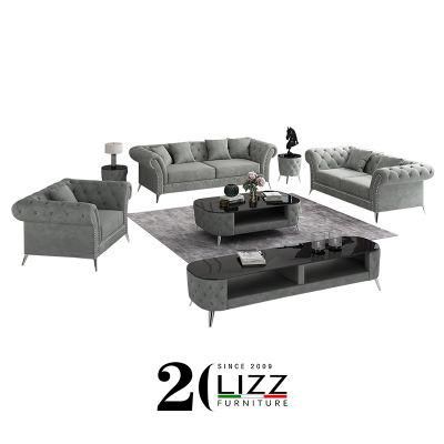 European Leisure Living Room Couch Home Velvet / Linen Fabric Chesterfield Sofa Furniture Set