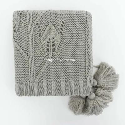 Home Outdoor Travel Bed Sofa Car Soft Warm Chunky Grey Knitted Design Cable Floral Leaf Pompom Tassel Throw Blanket Cover