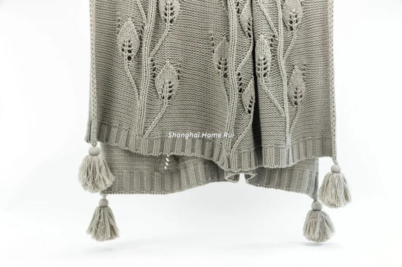 Home Outdoor Travel Bed Sofa Car Soft Warm Chunky Grey Knitted Design Cable Floral Leaf Pompom Tassel Throw Blanket Cover