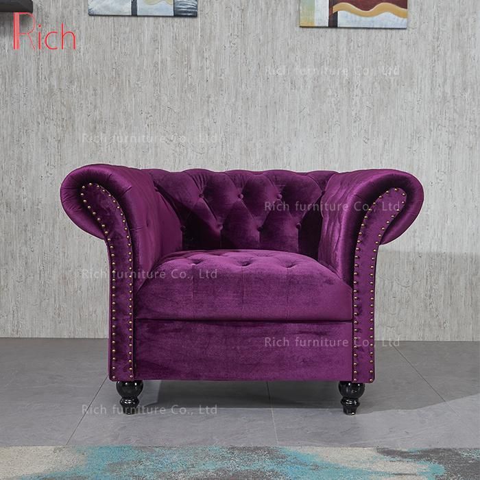 Modern Home Furniture Chesterfield Design Purple Fabric Velvet Sofa