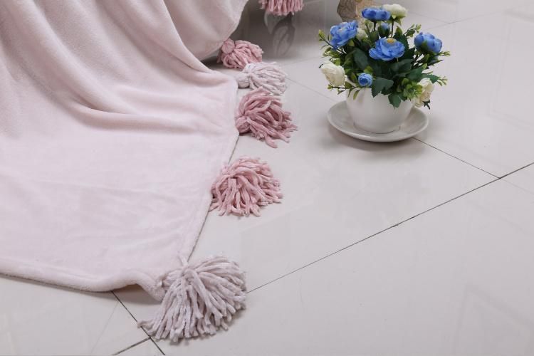 Chenille Fringed POM POM Velvet Fleece Sofa Throw Blanket Pink