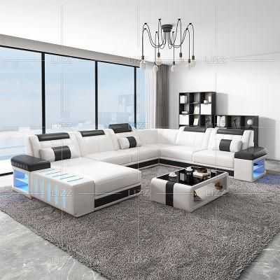 European Design Hot Selling LED Home Furniture Sectional Genuine Leather Sofa Set with Coffee Table