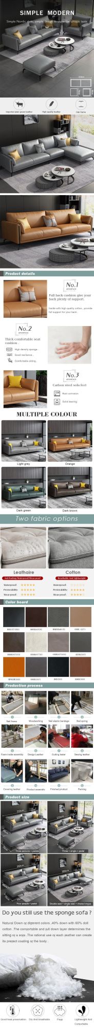 Popular Italian Style Green Leather Color Home Living Room Furniture Sectional Sofa