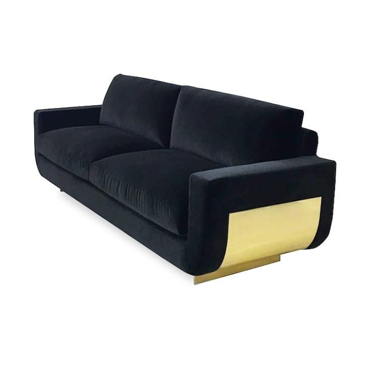 Living Room Gold Stainless Steel Frame Fabric Cover Wooden Black Modern Sofa Set Furniture