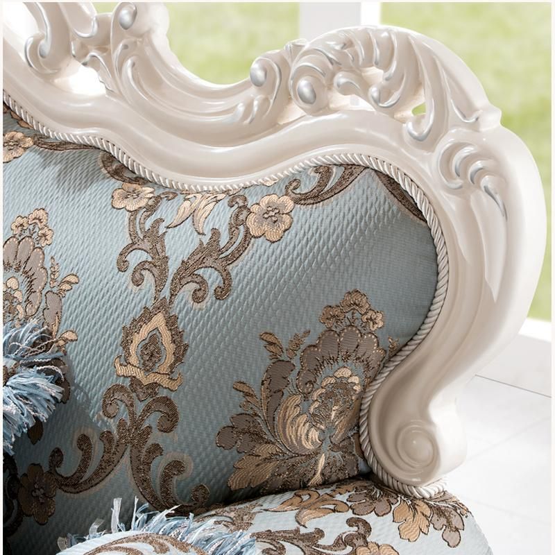 Optional Color Handmade Antique Wood Fabric Sofa with Coffee Table