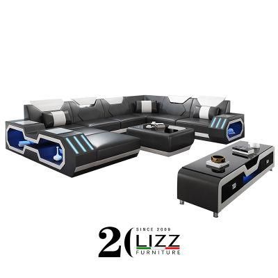 Stylish Modern Home Furniture Functional LED Leather Corner Sofa