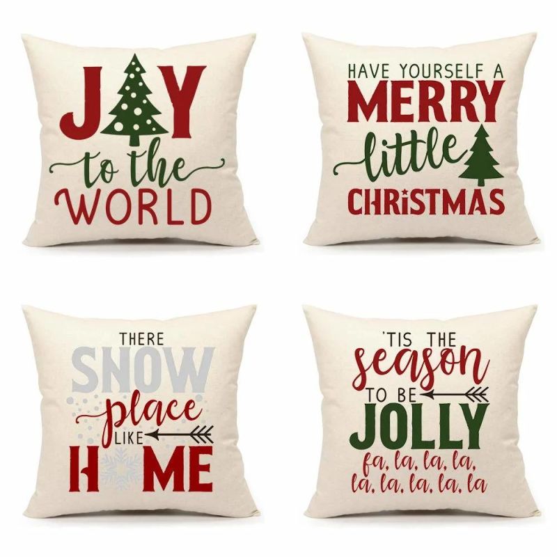 Christmas Pillow Covers 18X18 Set of 4 Red Green Winter Farmhouse Decor Holiday Saying Throw Cushion Case for Sofa Couch Home Decorations