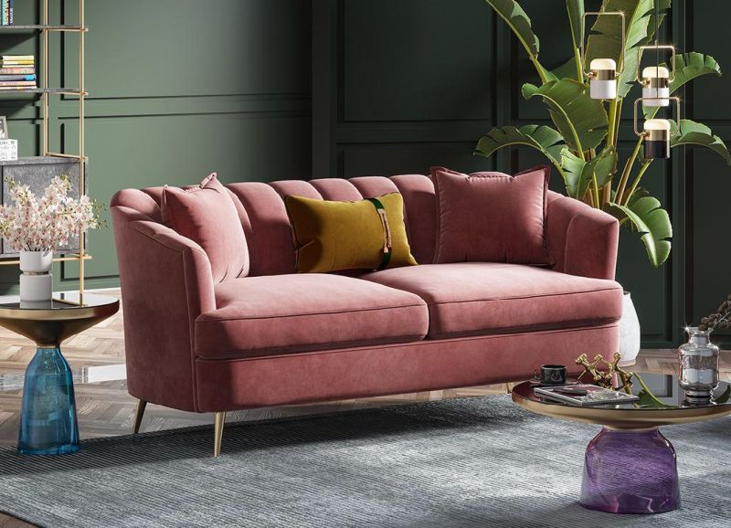 Modern Well Sell Home Household Apartment Pink Fabric Soft Cushion Leisure Seater Sectional Living Room Sofas with Golden Legs