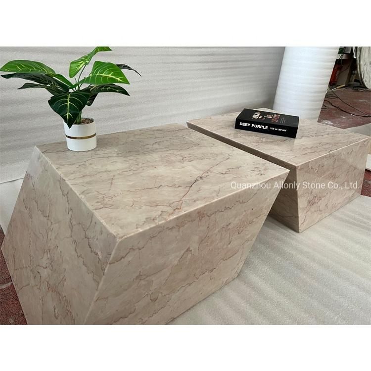 Diamond Shape Cream Pink Marble Stone Coffee Table for Living Room