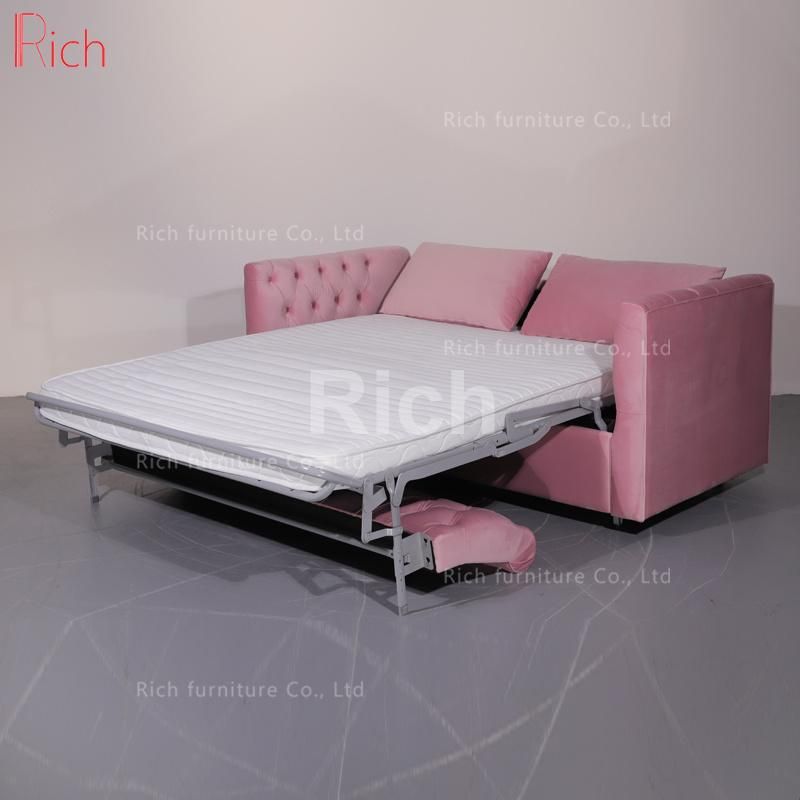 Modern Bedroom & Living-Room Wood Frame Pink Fabric Velvet Sofa Bed