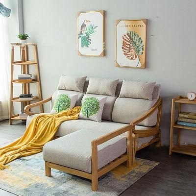Nordic Simple Living Room Solid Oak Wood Corner Fabric Sofa 0277