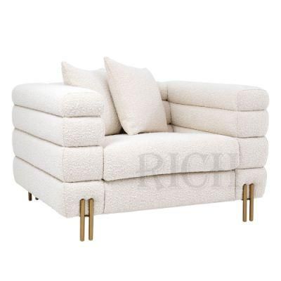 Golden Metal Legs Teddy Fabric Couch White Boucle Single Sofa