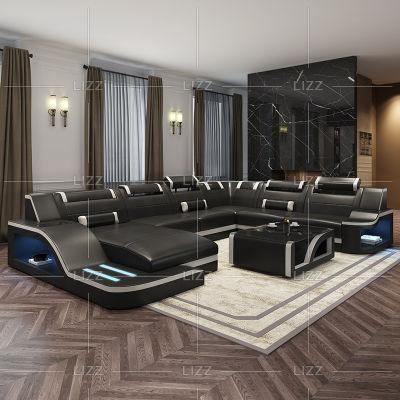 Functional LED Genuine Leather Sofa Modern Style Sectional L U Shape Living Room Furniture with TV Stand Set