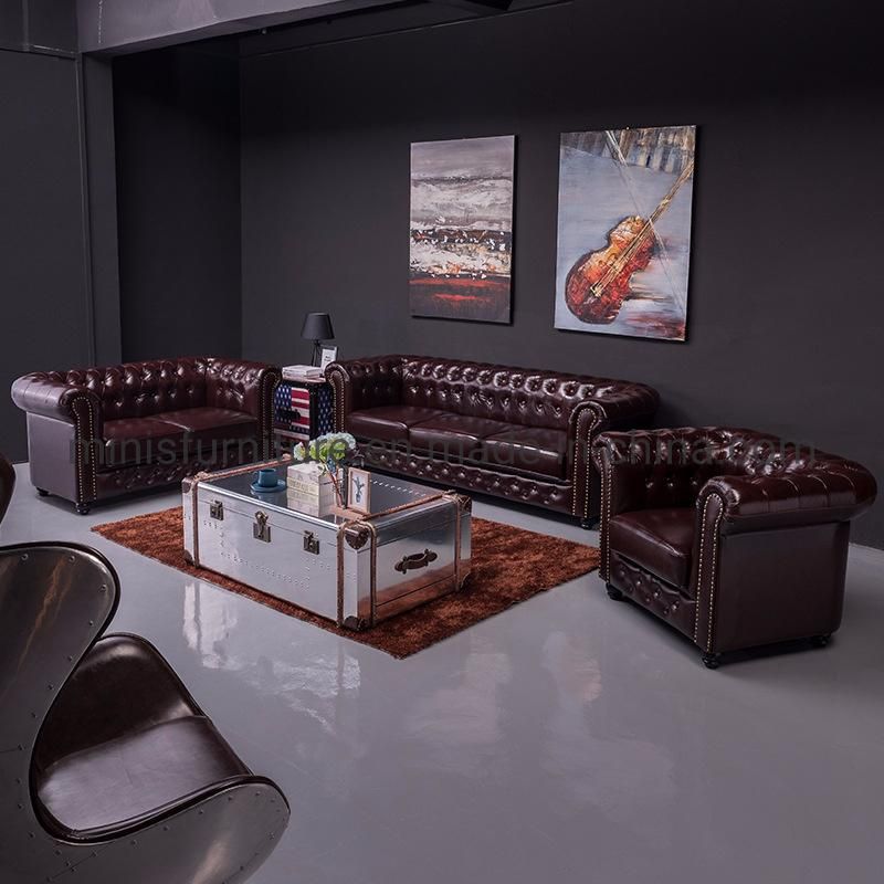 (MN-HSF13) English Style Home Living Room/Hotel Furniture Brown Leather 1+2+3 Sofa Set