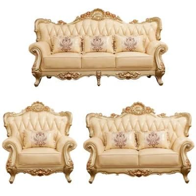 Foshan Sofa Furniture Factory Wholesale Wood Carved Classic Leather Sofa with Center Table in Optional Sofas Color and Couch Seat
