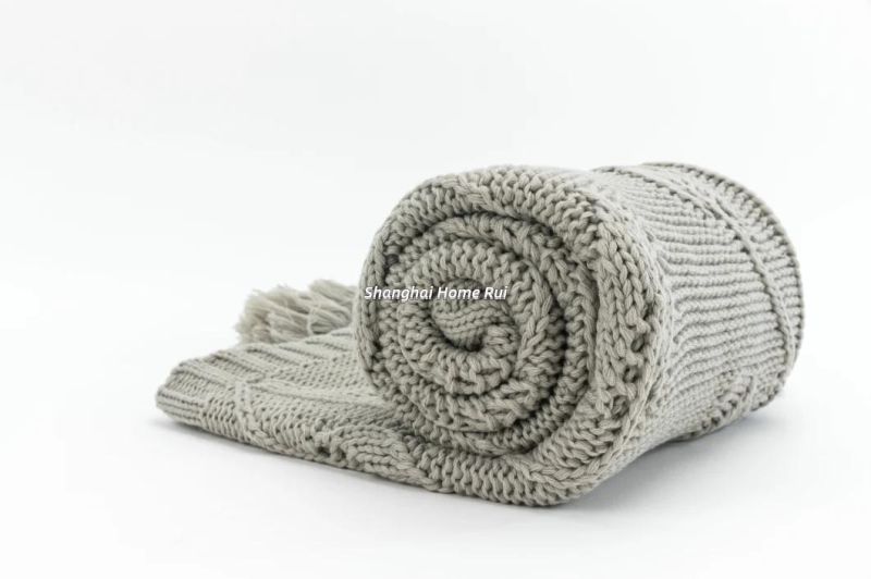 Home Outdoor Travel Bed Sofa Car Soft Warm Chunky Grey Knitted Design Cable Floral Leaf Pompom Tassel Throw Blanket Cover