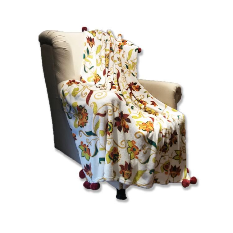 100% Polyester Printed Flannel Fleece Bedding Sofa POM POM Blanket