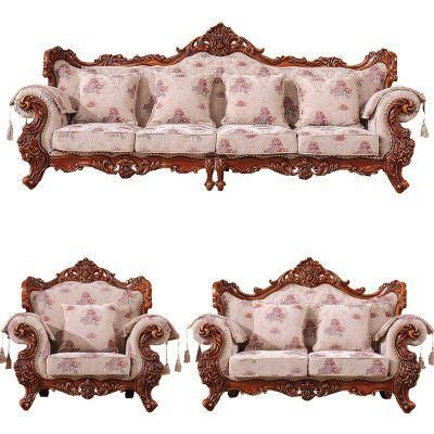 Wood Carving Classic Royal Fabric Sofa with Marble Tables in Optional Furniture Color and Sofas Couch Seat