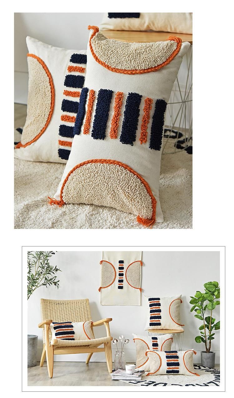 Morrocca Style Cushion Cover Pillow Cover Handmade Orange Navy Stripe Tufted Cushion for Home Decoration Sofa Couch Living Room Bed Room
