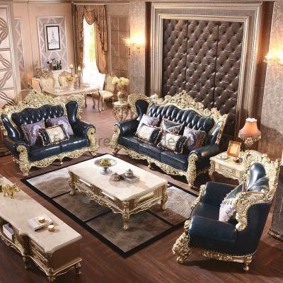 (MN-CSF09) Hotel/Home Living Room Hand Engraving Solid Wood Leather Sofa Set