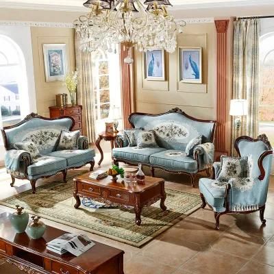 Home Furniture Factory Wholesale Wood Carved Living Room American Fabric Sofa in Optional Furnitures Color and Sofas Seat