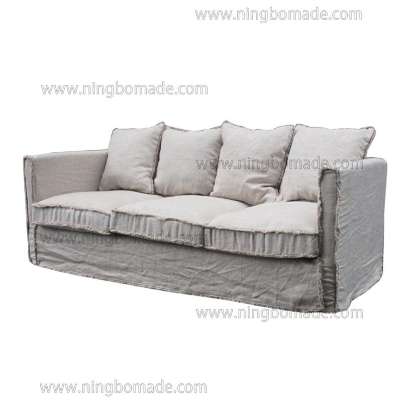 Antique Design Rustic Style Furniture Cream White Oak Linen Fabric Cushions Three Seats Sofa