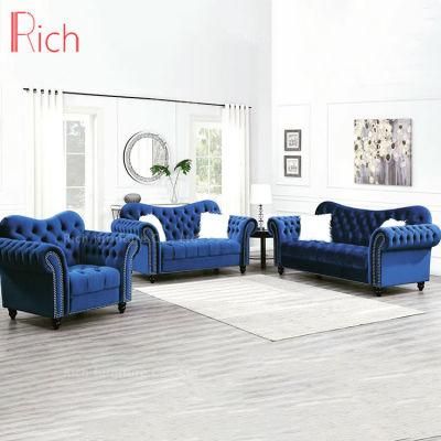 Modern Blue Velvet Chesterfield Sofa for Hotel Button Tufted Nailed Roll Arm Sofa Knock Down Chesterfield Living Room Sofa