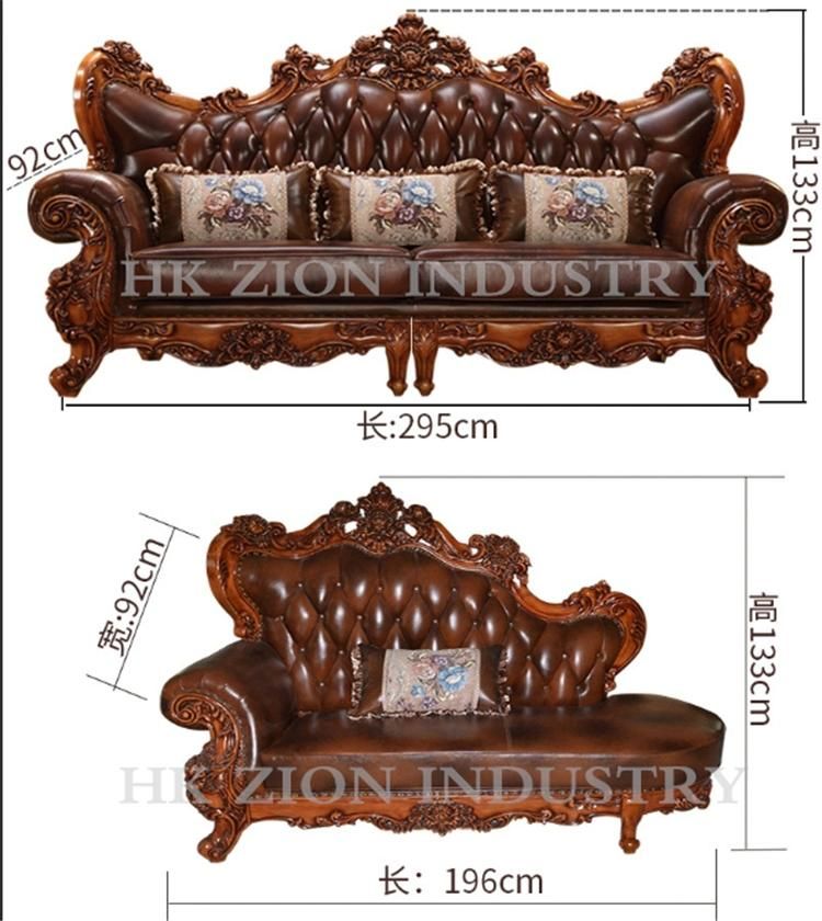 High End European Style Antique Sofa Classic Living Room Furniture Sets Chaise Longue Brown Solid Wood Frame Genuine Leather Sectional Sofa