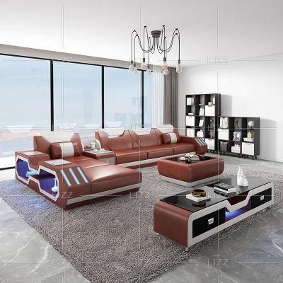 High Quality Solid Wood Home Furniture Modern Sectional Geniue Leather Living Room Sofa with LED Light