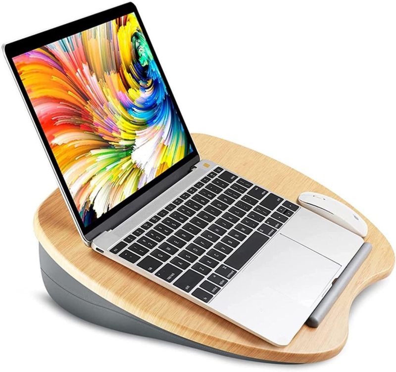 Lap Desk - Fits up to 14 Inch Slim Laptop, Laptop Stand with Pillow Cushion & Bamboo Grain Platform on Bed & Sofa, with Cable Hole & Anti-Slip Strip