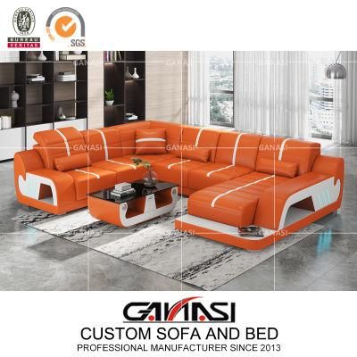 Leisure Style Home Living Room Sectional Genuine Leather Sofa Sets with Tea Table