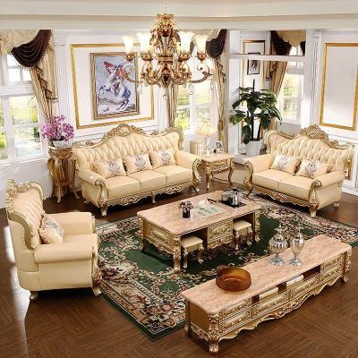 Wood Carved Classic Leather Sofa with Marble Center Table and Side Stool in Optional Furniture Color and Sofa Couch Seat