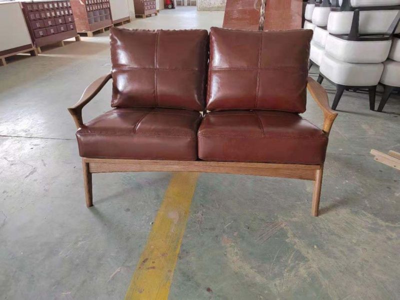 Nordic Style Leather Wood Frame Lounge Seating Sofa