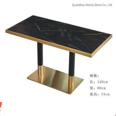 Rectangle Black and White Marble Dining Table Cafe Table Top with Brass Base