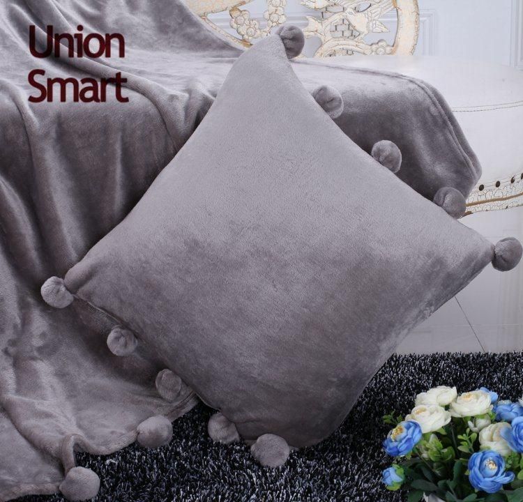 Grey Color Plush Flannel Fleece Bedding Sofa POM POM Blanket and Cushion Pillow