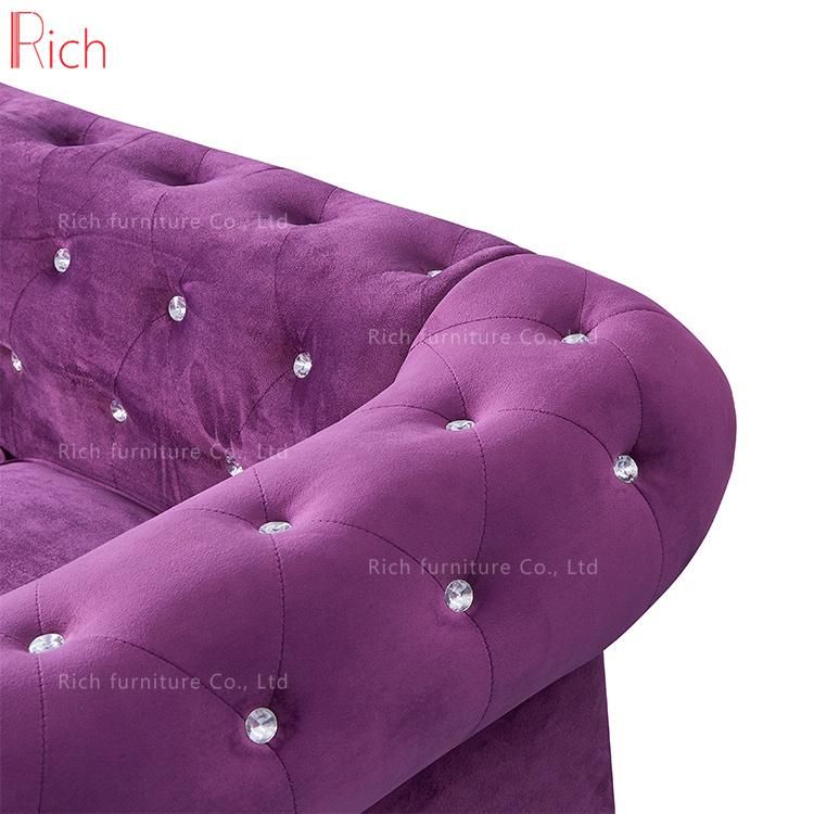 Modern Design Hotel Furniture Living Room Sectional Assembled Purple Velvet Chesterfield Sofa 3 Seater