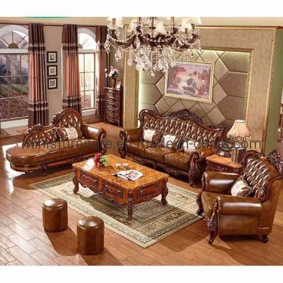 (MN-CSF15) Living Room Genuine Leather Sofa with Carved Design on Wood